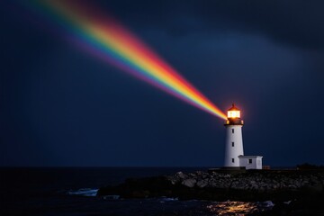 Fototapeta premium White lighthouse shines bright rainbow beam across dark ocean waves at night. Coastal tower warns ships, guides travel over rocky shore. Hope symbol for sailors, safety on sea.