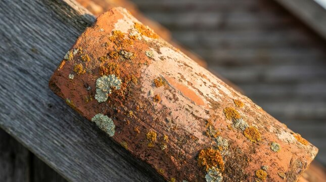 Close-up of a single, heavily weathered roof tile with abundant lichen growth, showcasing natural textures and organic details.
