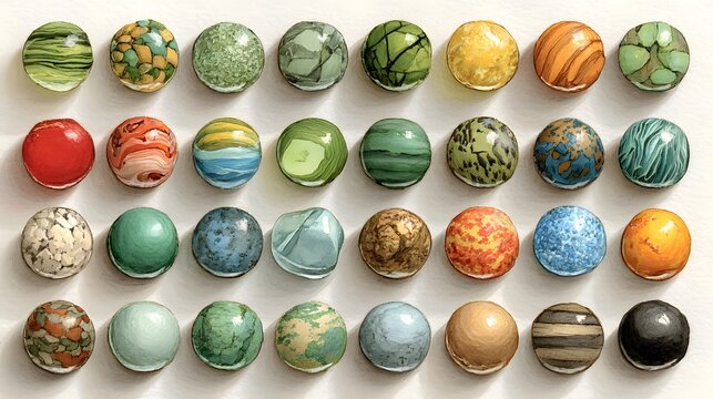Grid collection of diverse colorful planets and marbles showing unique surface textures, patterns, and geological features.