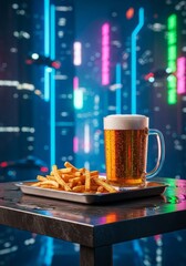 Naklejka premium Glowing neon light reflects on a tray of crispy fries and a cold glass of beer atop a wet metal table within a futuristic urban setting, synthwave, cinematic, digital