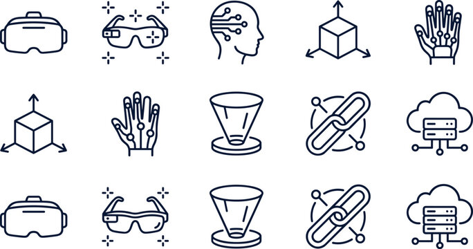 Modern Line Vector Icon Set Illustrating Virtual Reality Technology Smart Glasses Cybernetic Haptic Gloves Cybersecurity Chains and Augmented Cloud Computing Systems