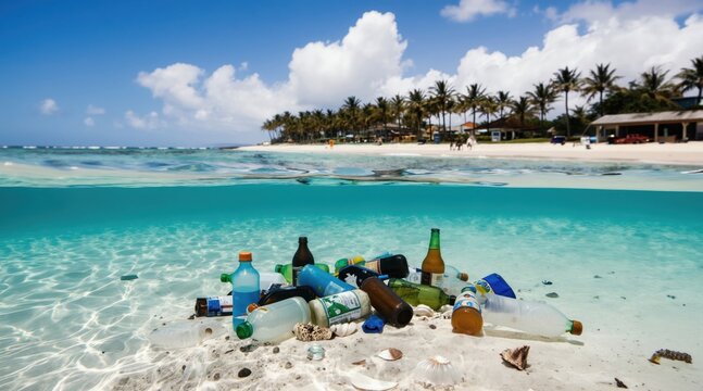 Plastic trash litters ocean floor near sandy tropical beach. Sun shines brightly on clear water surface with palm trees and buildings afar. Marine debris pollutes beautiful seascape.