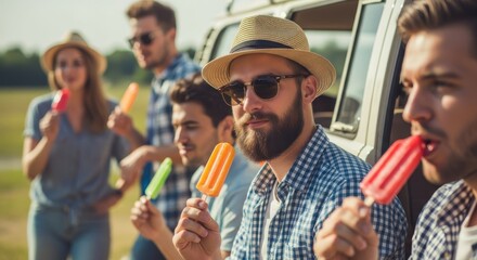 Fototapeta premium Group of Happy Young Friends Enjoying Colorful Popsicles Outdoors Duri