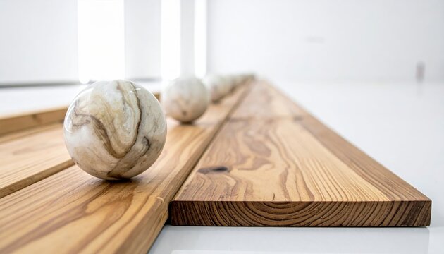 Heavy polished marble spheres placed on textured wooden planks for a material strength and physical hardness testing experiment, arranged in a cinematic widescreen composition for industrial study.