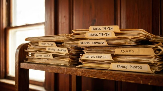 A messy stack of labeled manila folders containing important documents on a wooden shelf, showcasing archival organization and personal records.