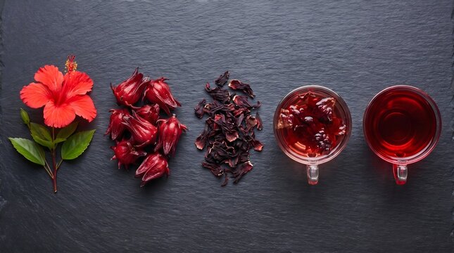 Hibiscus tea ingredients and beverage on black background, healthy drink and herbal medicine texture background, botanical Top-down macro, hibiscus production