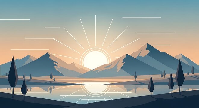 A tranquil landscape at sunrise with mountain silhouettes, reflecting lake, soft color palette & a geometric style