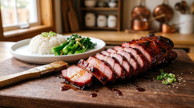 dark wood cutting board, positioned in the lower right third at a 45-degree angle. Whole pork loin sliced in perfect 1cm cuts