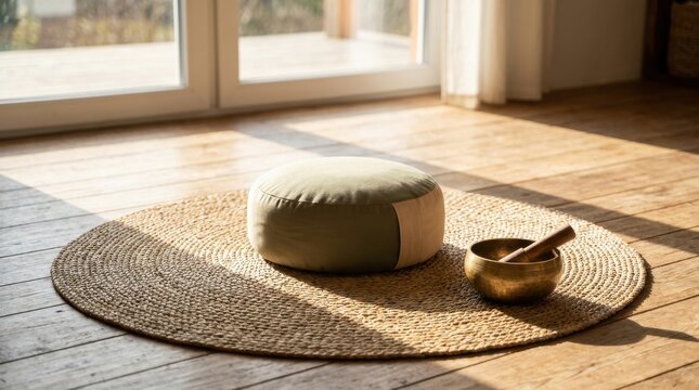 A round beige meditation cushion and singing bowl on a woven seagrass mat bathed in soft sunlight