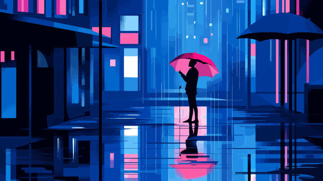 Silhouette of a person with an umbrella on a rainy city street at night, reflections on wet pavement, neon lights reflecting