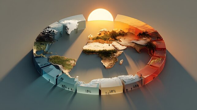 3D circular pie chart globe showing climate data with sun background