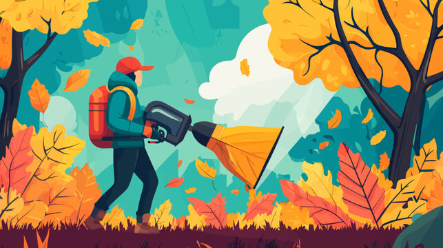 Person using a leaf blower in autumn forest with colorful leaves