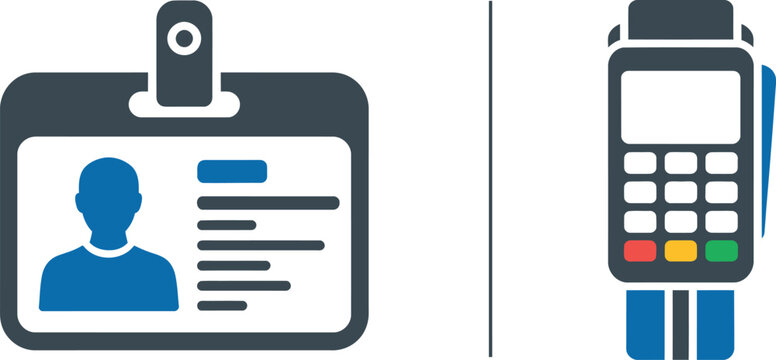 Identification badge with a user silhouette and a digital payment terminal for secure financial transactions and employee access control
