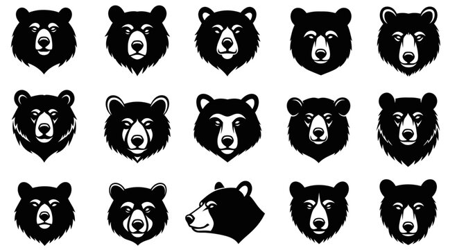 Set of Black Bear Head Icons and Illustrations