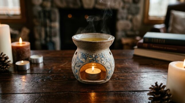 Hand-painted ceramic oil warmer with a delicate floral design releasing fragrant steam from a lit candle