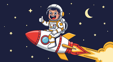 Fototapeta premium Astronaut in spacesuit rides rocket amidst stars and moon cartoon illustration