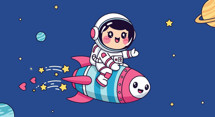 Naklejka premium Astronaut in spacesuit rides rocket through space with celestial bodies