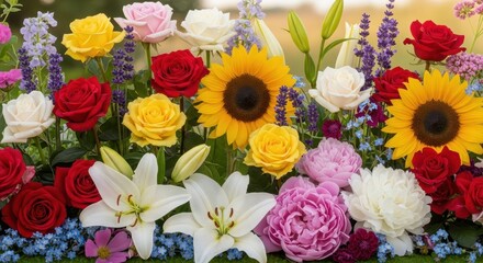 Fototapeta premium Vibrant and diverse floral arrangement featuring sunflowers, roses, lilies, and other colorful blossoms in a garden setting.