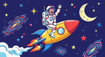 Fototapeta premium Astronaut in spacesuit riding rocket through galaxy with stars and moon