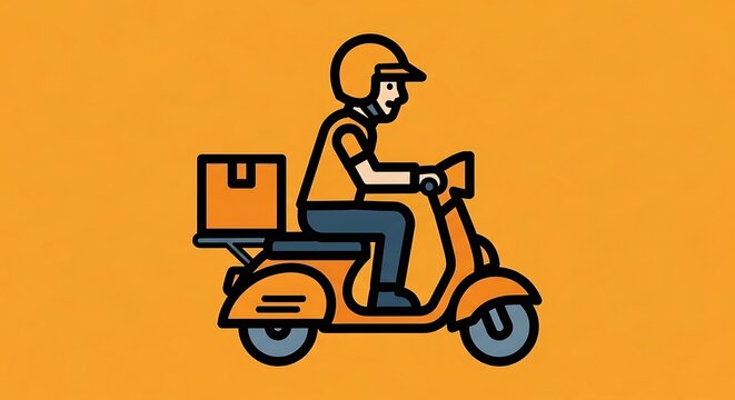 A vector illustration depicts a person on a scooter, wearing a helmet and delivering a package, set against an orange backdrop