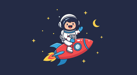 Naklejka premium Astronaut in spacesuit riding rocket through night sky with stars and crescent moon