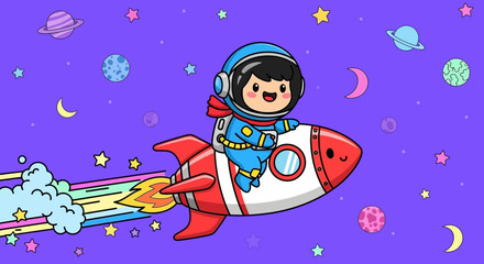 Fototapeta premium Astronaut in spacesuit riding rocket through outer space cartoon illustration