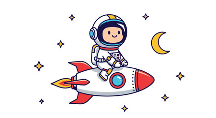 Naklejka premium Astronaut in spacesuit riding rocket through space surrounded by stars and moon