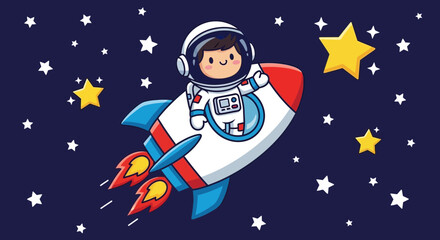 Fototapeta premium Astronaut in spacesuit riding rocket through starry night sky