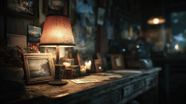 Cozy evening setup with warm lamp rustic table photography indoor close-up comforting ambiance