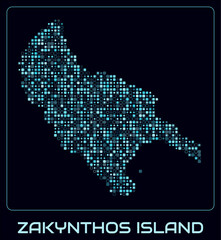 Obraz premium Zakynthos Island digital style map. Small roundedSquare dots on dark background. Dotted shape of the island. Vector map and title. Classy vector illustration.