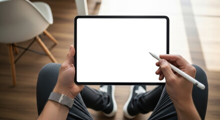 Naklejka premium POV View of Person Holding Tablet with Blank White Screen and Stylus P