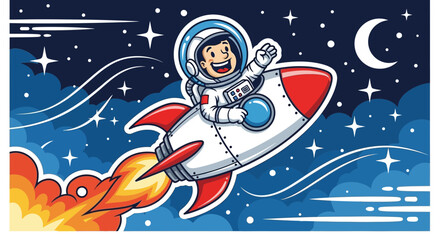 Fototapeta premium Astronaut in spacesuit soaring through starry sky on rocket ship vector