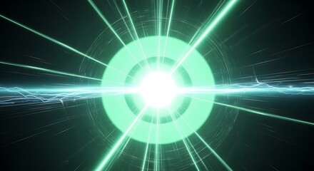 Fototapeta premium Mint green neon energy portal with horizontal light rays and glowing center abstract digital burst for high-tech and futuristic concept background horizontal abstract