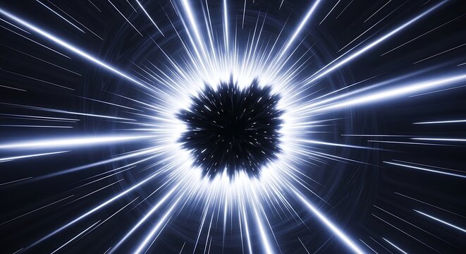 Abstract black and white warp speed tunnel with radial light rays and dark central void futuristic space travel and hyperspace concept background hyperspace futuristic