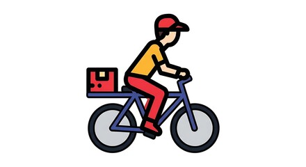Fototapeta premium A vector illustration showcases a person on a bicycle, possibly a delivery worker. They wear a cap, shirt, and pants, with a package on the bike