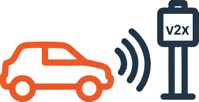 A simplified car icon emitting signal waves to a nearby roadside unit pillar, illustrating V2X edge communication. Vivid orange and dark navy blue tones. Clean lines, isolated on white.