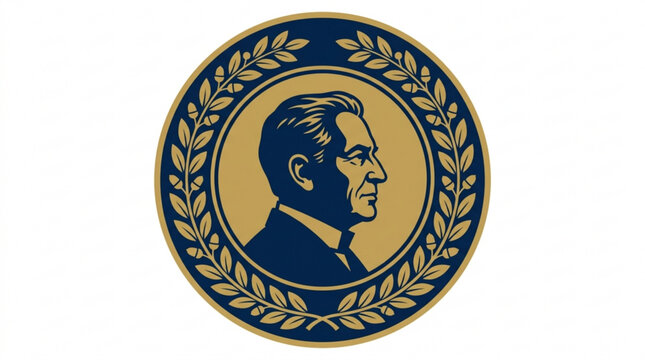 Elderly leader silhouette in gold and blue circular emblem with laurel wreath on white background