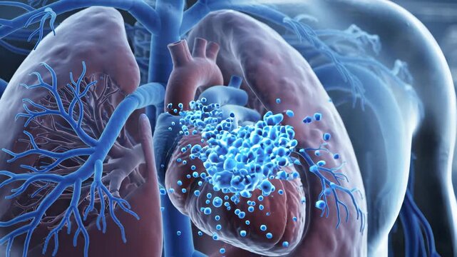 Respiratory system highlighted. Heart and lungs shown clearly. Blue veins visible in image. Educational charts on wall behind. Detailed medical illustration style used. Adult man depicted.