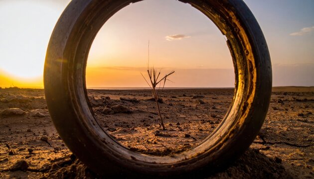 A circular frame composed of an old metallic ring captures a solitary withered plant standing amidst a vast, dry, and cracked desert landscape during a vibrant, golden sunset, creating a scene.