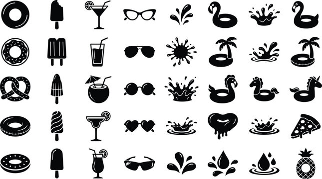 Summer and beach vacation icons set containing various food snacks drinks pool floats and sunglasses.