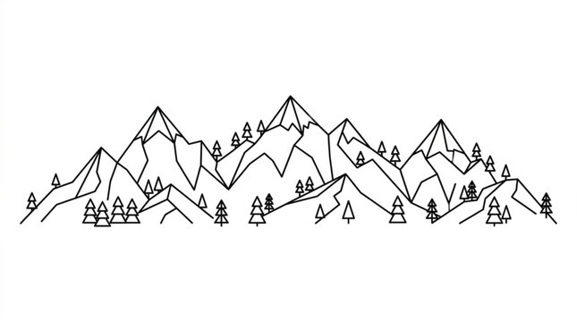Mountain range landscape with trees in a simple line art style on a white background for design and decoration