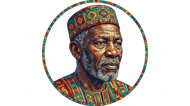 Vibrant geometric portrait of a senior african man in traditional colorful attire and hat