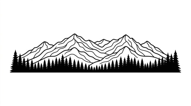 Mountain ridge with trees icon in panoramic view black and white illustration of nature landscape