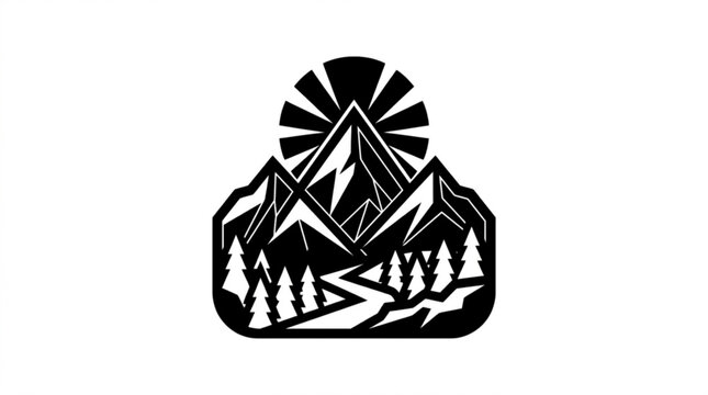 Mountain landscape with sunrise and trees in black silhouette on white background