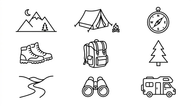Camping and hiking icons set with mountains tent compass boots backpack tree path binoculars and rv for outdoor adventure and travel