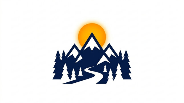 Mountain landscape with sun trees and winding road serene natural scenery graphic illustration