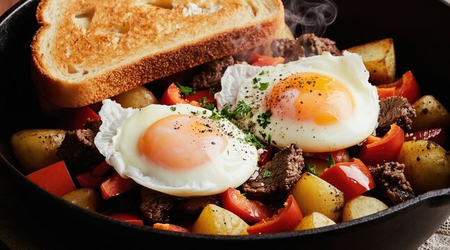 Corned beef hash with two fried eggs potatoes and bell pepper served in cast iron skillet. Toasted bread slice placed on side with parsley garnish.
