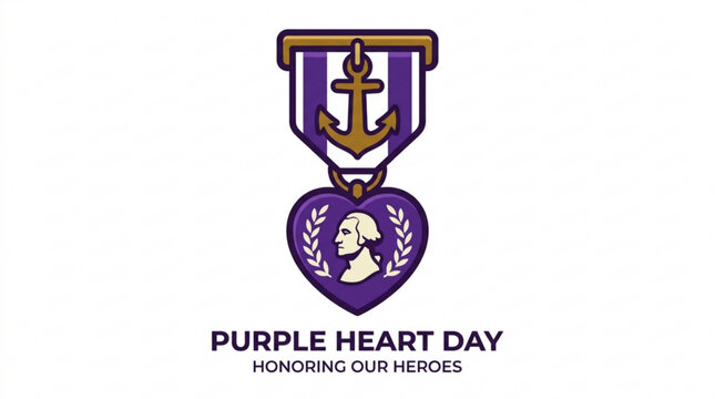 Purple heart day icon with medal and shield on white background honoring heroes