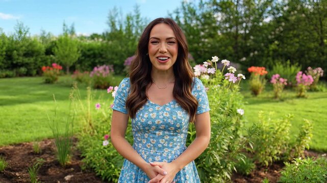 Beautiful woman in a floral dress waves in a lush garden setting.