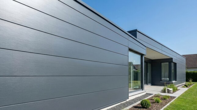 Newly installed seamless aluminum siding on a modern residential building exterior under a clear blue sky